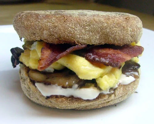 Egg, Bacon, Mushroom, and Goat Cheese Breakfast Sandwiches