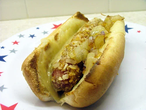 Pretzel Coated Hot Dogs with Caramelized Onions, Provolone, and Honey Mustard