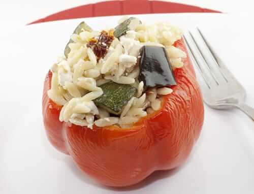 Eggplant and Orzo Stuffed Red Peppers