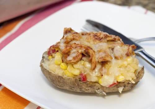 BBQ Chicken and Cheddar Baked Potatoes with Corn and Roasted Red Peppers
