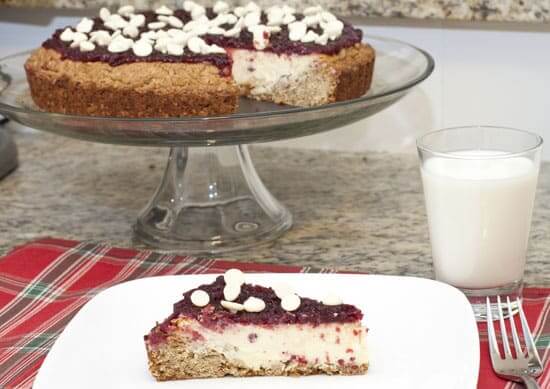 White Chocolate Cheesecake Tart with an Oatmeal Cookie Crust and Cranberry Topping