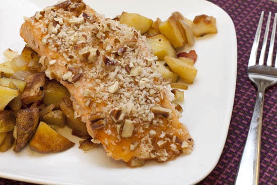 Maple Pecan Salmon over Roasted Potato, Apple, and Bacon Hash