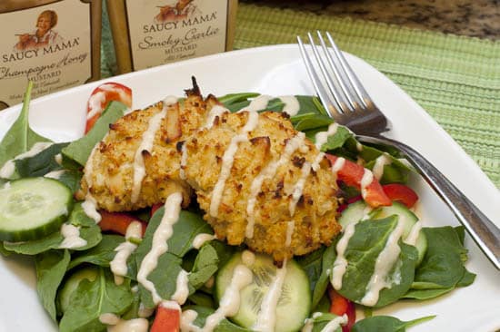 Honey Mustard Spinach Salad with Chicken Quinoa Cakes and Saucy Mama Mustard Giveaway