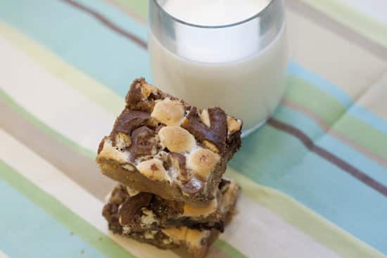 Peanut Butter Chocolate Swirl Bars with Mini Marshmallows and Chocolate Covered Pretzels