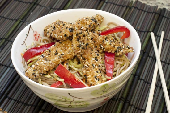 Spicy Soba Noodles with Sesame Stick Coated Chicken and Broccoli Slaw